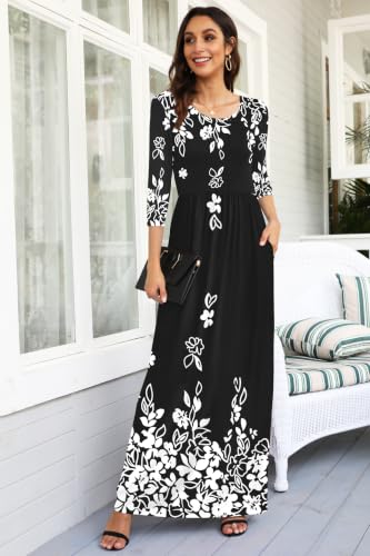 Image of WNEEDU Women's 3 /4 Sleeve Casual Loose Long Maxi Dresses with Pocket