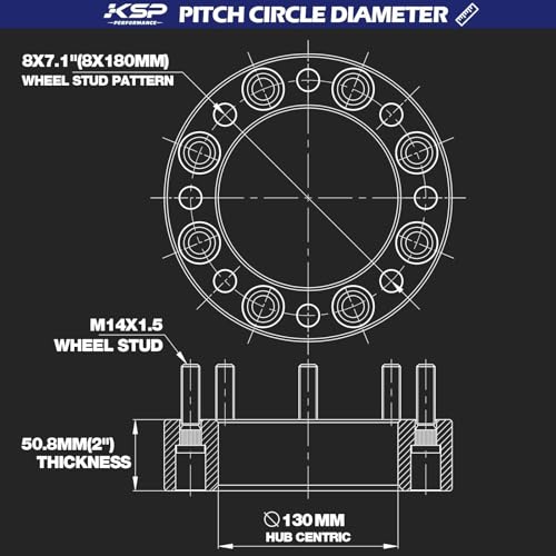 Image of KSP 2 inch 8x180 Wheel Spacers for 2011-2026 Chevy Silverado 2500HD 3500HD GMC Sierra 2500HD 3500HD, 50.8mm 8x180 to 8x180 Forged Lug Centric Wheel Adapters 130mm Center Bore with M14x1.5 Studs