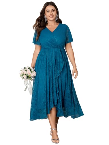 Image of SCOMCHIC Womens Plus Size Wedding Guest Dress Formal Lace Wrap V Neck High Low Short Sleeve Cocktail Maxi Dresses XL-4XL