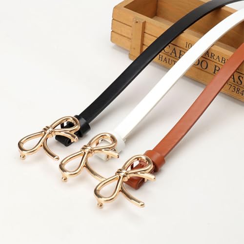 Bow Skinny PU Leather Waist Belt for Women Adjustable 0.5 Inch Width White Belts with Gold Alloy Bowknot Buckle Thin Elegantes Slim Leather Waist Strap Band for Ladies Dresses Jeans Pants4