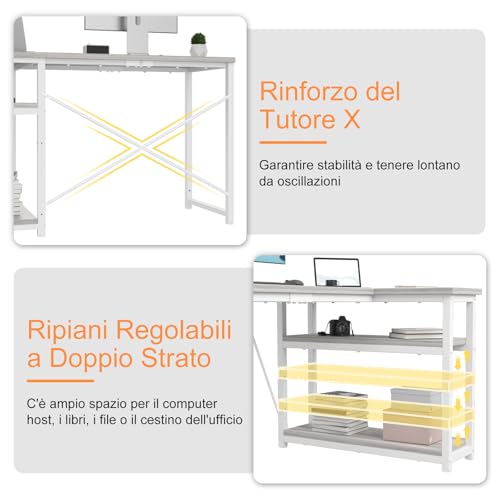 Scrivania ad Angolo Reversibile 110 x 80cm, Scrivania a Forma di L con Ripiani,Tavolo da Lavoro,Struttura in Acciaio, per Computer, Ufficio, Studio and Soggiorno, Grigio - Scrivania Gaming - Immagine 7