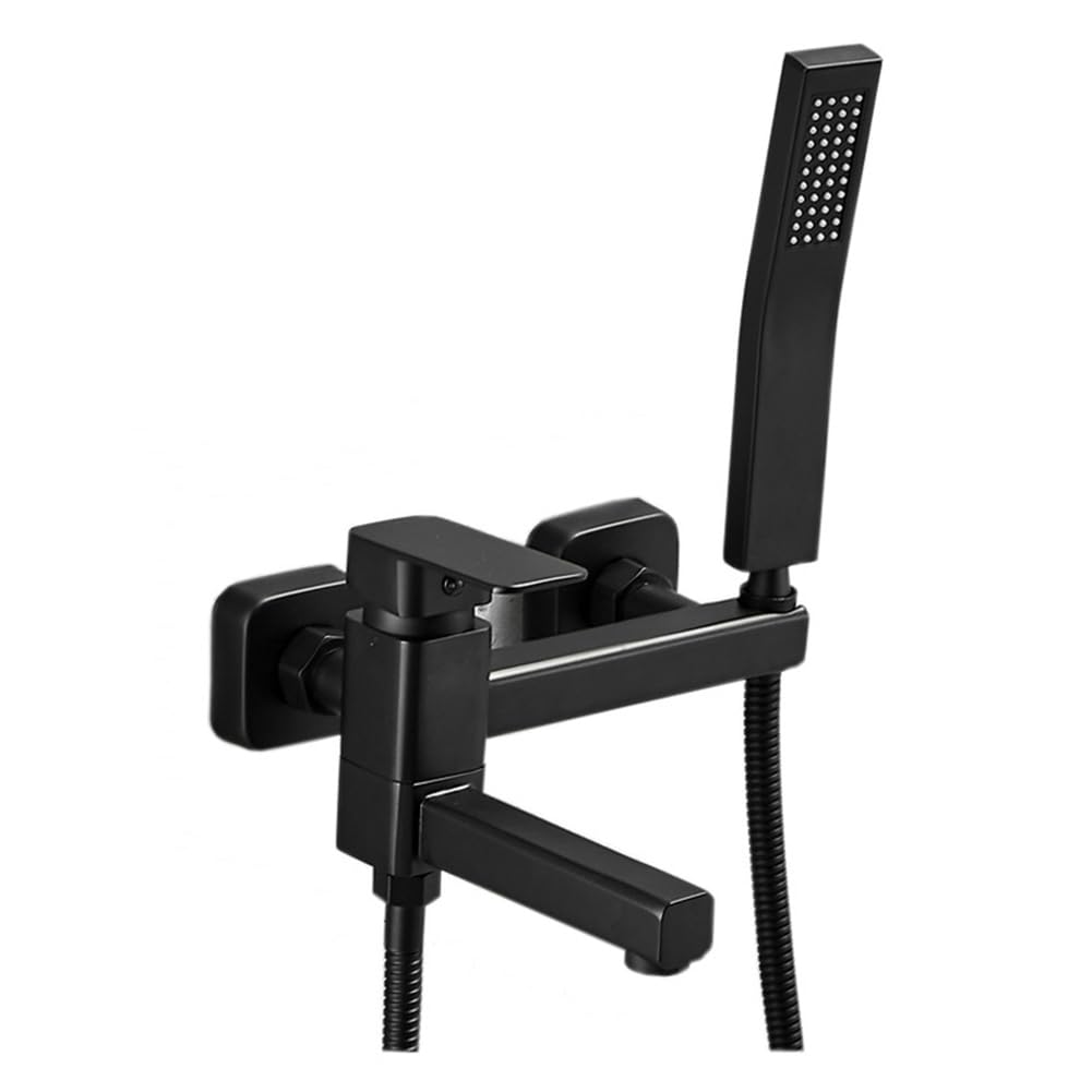 XANAYXWJ Bateria wannowa do montażu na ścianie z HanShower, mosiężna bateria jednouchwytowa, wąż prysznicowy 150 cm, czarna głowica prysznicowa do łazienki i prysznica
