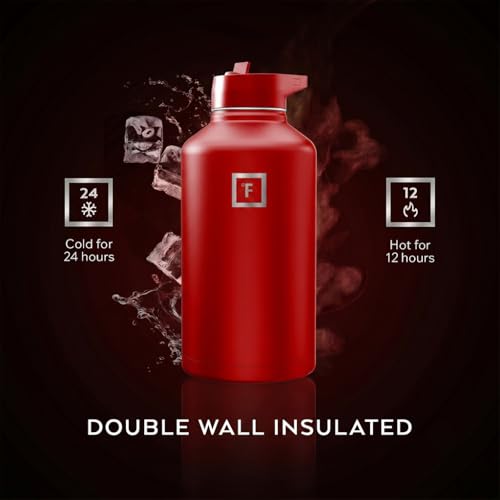 Image of IRON FLASK Camping & Hiking Hydration Flask with Straw, Wide Mouth Insulated Stainless Steel Sports Water Bottle - Fire Red 64 oz - Straw (1 Lid)