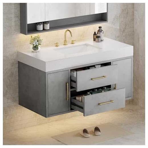 DWVO 40 Inch Grey Floating Bathroom Vanity Wall Mounted Bathroom Vanity with White Sintered Stone Countertop and Ceramic Basin Sink Bathroom Cabinet with 2 Drawers and 2 Storage Cabinets