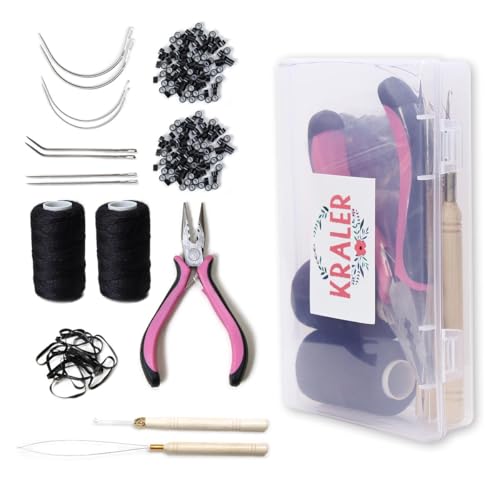Kraler Hair Extension Tools Kit 200 Silicone Beads 1 Three Hole Pliers 2 Sewing Thread 1 Loop Tool 1 Crochet Hook 4 Types Sewing Needles 1 Bag Black Mini Rubber Hair Elastic with Storage Case (Black)