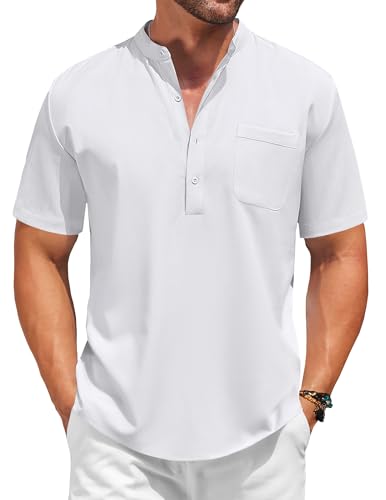 COOFANDY Mens Linen Henley Shirts Summer Beach Shirts Short Sleeve Henley Collarless Golf Shirt Band Collar Shirt White