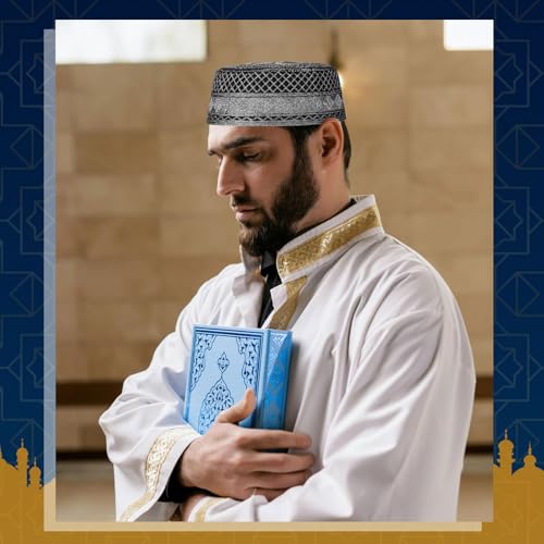 Breathffy 6 Pcs Eid Muslim Prayer Kufi Hat for Men Prayer Headwear Cap Islamic Beanie Skull Cap Embroidery Kofia Topi