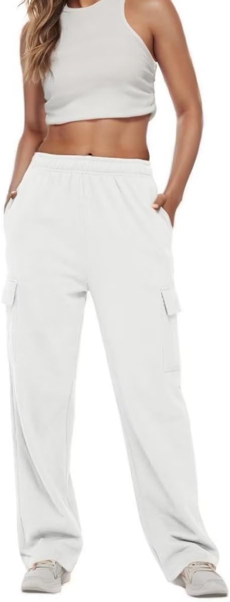 Womens Cargo Sweatpants Baggy Wide Leg Pants Warm Elastic High Waist Joggers Fall Track Lounge Trousers with Pockets