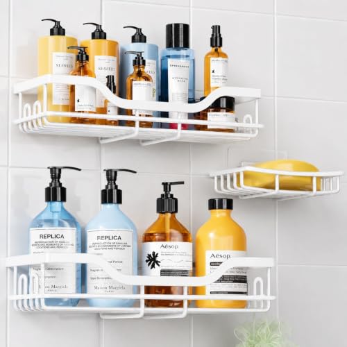 Image of OMAIRA 3-Pack Shower Caddy with Soap Holder, Adhesive Rustproof No-drill Strudy Loading Inside Shower Organizer Shelves Rack Storage Bathroom Organization for Smooth Wall Glass Tile, White (XX-Large)
