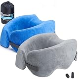 TRAVELREST Nest Memory Foam Travel Pillow/Neck Pillow 2-Pack - Advanced Neck Support for Long Flights - Patented Design for Optimal Relaxation - Long Travel - Machine Washable - Blue & Grey