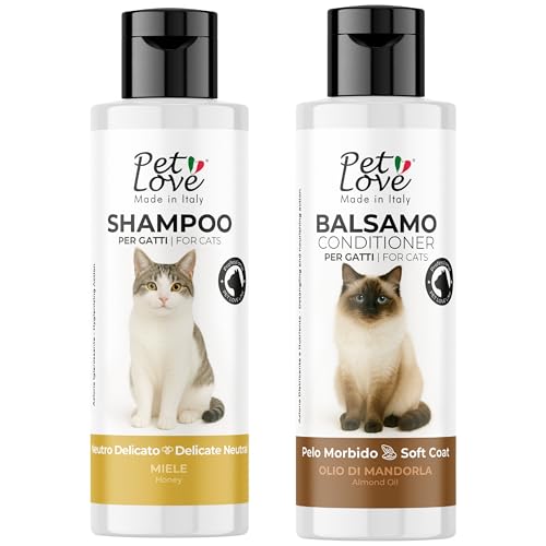 Pet Love Shampoo e Balsamo per Gatti Delicato con Azione Nutriente e Igienizzante - Districante per un Pelo Morbido e Luminoso - Set 2 x 250 ml