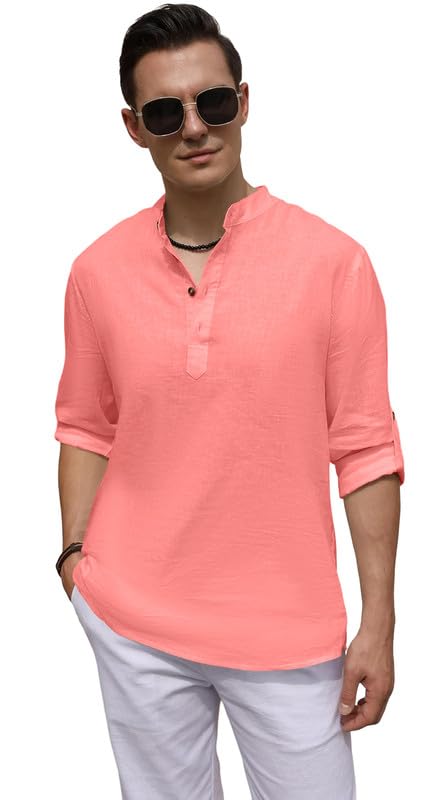 Image of ROYALSCOUT Men's Cotton Blend Casual Short Kurta Shirt with Notch Neck and Button Detail | Full Sleeve Straight Fit Lightweight Ethnic Top for Summer