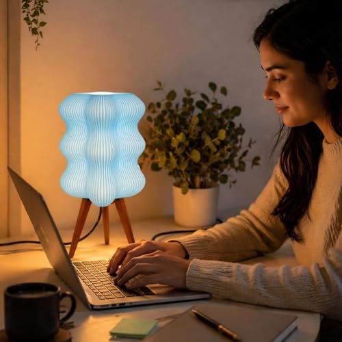 Image of Aura Table Lamp | Modern Decorative Bedside Lamp | High, Quality PLA Material | Warm Ambient Lighting | Designer Night Lamp for Bedroom, Living Room & Home Decor (Blue)