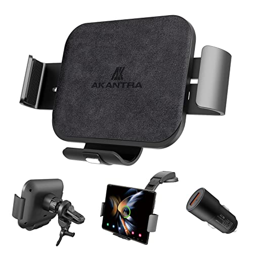 Akantra Alcantara 15W Dual Coil Qi Wireless Car Charger Mount Holder Compatible for Samsung Galaxy Z Fold5 Fold4 Fold3 Z Fold2 Fold S23 Ultra iPhone 15 Pro Max Auto Clamp Fast Car Charger