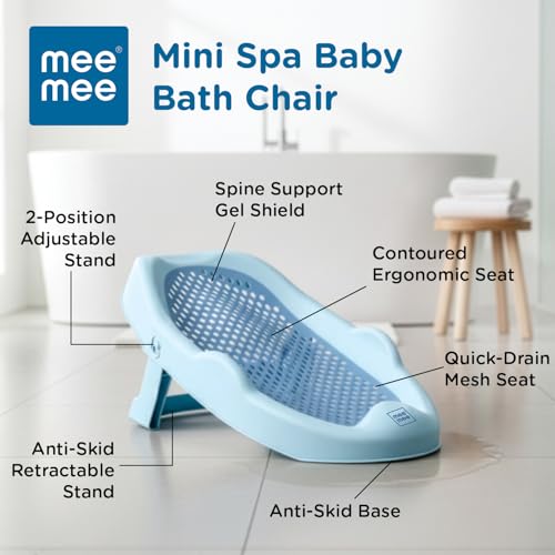 Image of Mee Mee Mini Spa Baby Bath Chair with Spine Support Shield & Adjustable Recline | Anti-Skid Base, Quick-Drain Mesh, BPA-Free Ergonomic Bath Seat for Newborns & Infants, Portable Design (Blue)