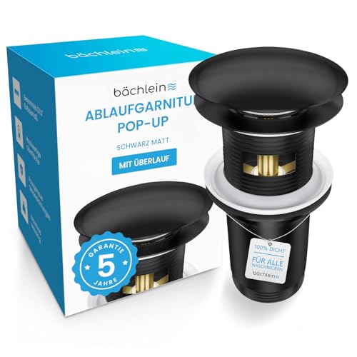 Bächlein Universal Ablaufgarnitur mit Überlauf (Matt Schwarz) - Pop Up Ventil für Waschbecken und Waschtisch Ablaufventil Abflussgarnitur aus Messing mit Einbauanleitung