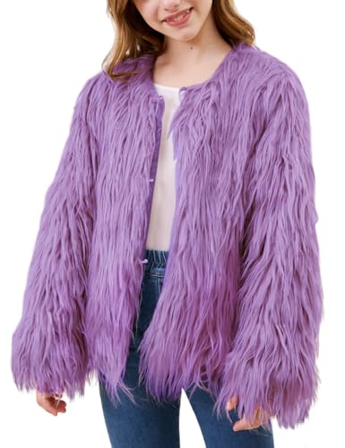 Girls Faux Fur Coat Open Front Furry Coats Long Sleeve Parka Shaggy Jacket Winter Warm Fluffy Outerwear 4-12 Years
