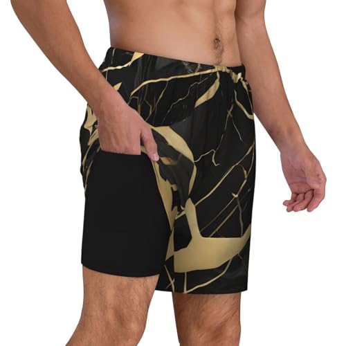 Black Marble Texture Gold Print Mens Swim Shorts Trunks Inseam Compression Liner Quick Dry Zipper Pocket3