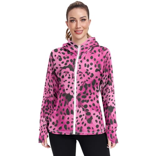 UMIRIKO Pink Leopard Print Pattern Women's UPF 50+ Sun Protection Jacket Hoodie Rash Guard Shirt with Pockets M 202a3479