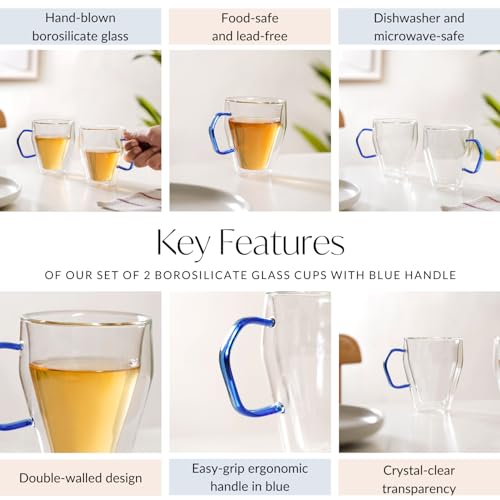 Image of Nestasia Double Wall Borosilicate Glass Mugs Set of 2 (250ml Each) - Microwave & Dishwasher Safe Transparent Glass Tea Cups with Blue Handles | Food Safe & Durable Coffee Mugs - Ideal for Gifting