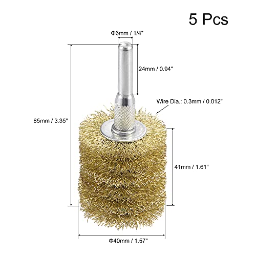 Image of uxcell Wire Wheel Brush, 1.57 inch x 1.61 inch Stainless Steel Brass Plated Coarse Crimped Wire 0.012 inch with 1 /4 inch (6mm) Round Shank for Cleaning Rust Stripping Abrasive 5pcs