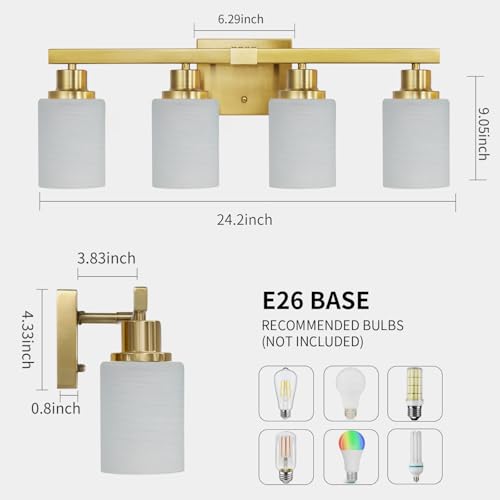 Image of 4-Light Gold Vanity Light Modern Bathroom Light Over Mirror 24in | White Frosted Ribbed Glass Shade Modern Bathroom Light Fixtures Bath Wall Mount Lights Wall Lamp for Mirror E26 Base