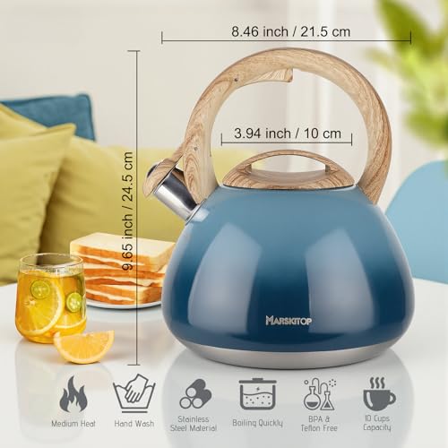 MARSKITOP Tea Kettle Stovetop Whistling, 2.6 Quart Tea Pot for Stove, Food Grade Stainless Steel Teapot for Stovetop with Anti-Hot Handle, Suitable for All Heat Sources, Blue by MARSKITOP - Image 2