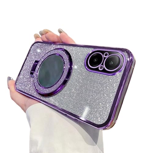 Coque Honor 200 à paillettes violettes avec anneau rotatif et miroir de maquillage