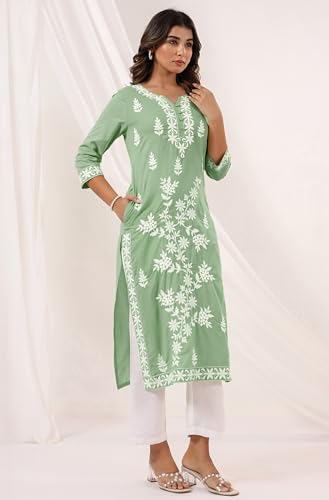 Image of Janasya Women's Pure Cotton Embroidered Straight Kurta