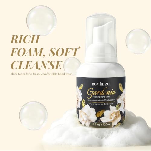 Image of ROMIIE ZOI Foaming Hand Soap, Gardenia Scent, 4 fl oz Travel Size | Natural SLS-Free Formula, Gentle Moisturizing, Rich Creamy Foam, w / Compact Refillable Dispenser