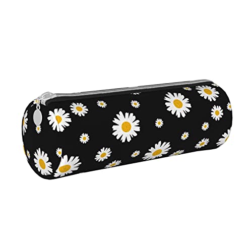 Image of White Yellow Daisy Flower Black Leather Pencil Case Zipper Pen Makeup Cosmetic Holder Pouch Stationery Bag for School Work Office