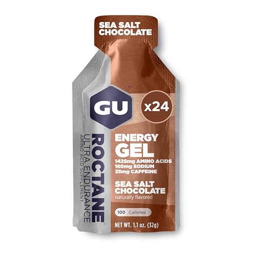GU Energy Roctane Ultra Endurance Energy Gel, Vegan, Gluten-Free, Kosher, and Dairy-Free On-The-Go Sports Nutrition for Running, Biking, Hiking or Skiing, Sea Salt Chocolate, 24-Count