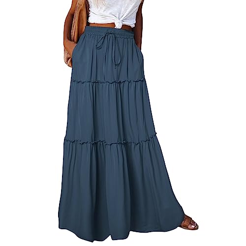 Silk Long Skirts for Women Maxi Tiered Elastic High Waisted Drawstring Pleated Dance Flowy a Line Skirt with Pockets Boho Ankle Summer Black Boho Skirt Long Skirts for Women Trendy