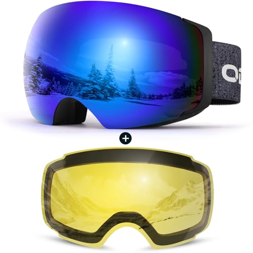 Odoland Magnetic Interchangeable Ski Goggles with 2 Lens, Large Spherical Frameless Snow Snowboard Goggles for Men Women Blue Lens Vlt 15%