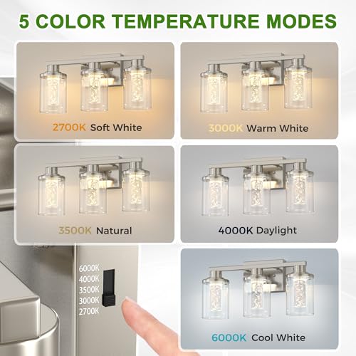 Image of DORESshop 3-Light Brushed Nickel Bathroom Light Fixtures, Crystal LED Bathroom Lights Dimmable Light with Clear Glass Shade,Vanity Lights for Living Room