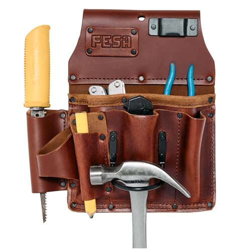FESA Leather Drywall Tool Pouch - 10-in-1 Mens Heavy Full Grain Leather Tool Pouch with Steel Hammer Loop & Tape Measure Clip - Fits Work Belts up to 3 - Handcrafted (Cherry)