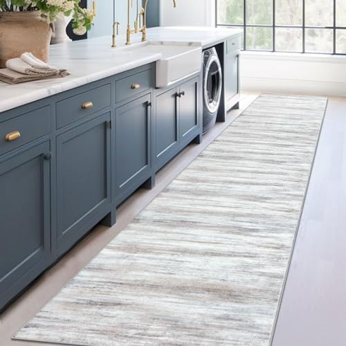 KOZYFLY Modern Abstract Kitchen Runner Rug, 2.6x18 Washable Rug Runner Non-Slip Soft Striped Hallway Runner Rugs, Beige Print Distressed Carpet Runner for Entryway Bathroom Laundry Room Foyer