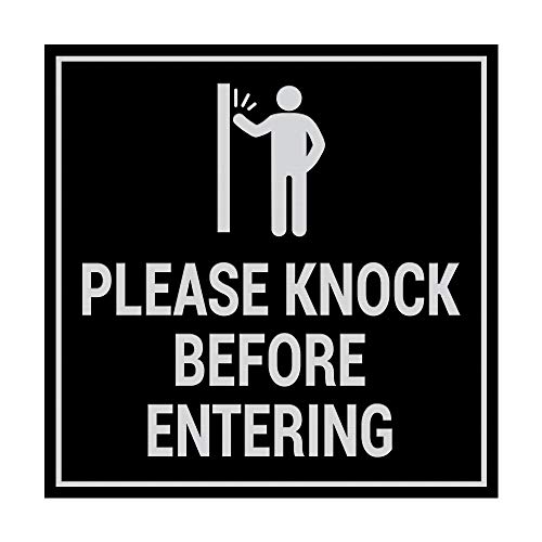 Signs ByLITA Square Please Knock Before Entering Sign with Adhesive Tape (Black-Silver) - Medium