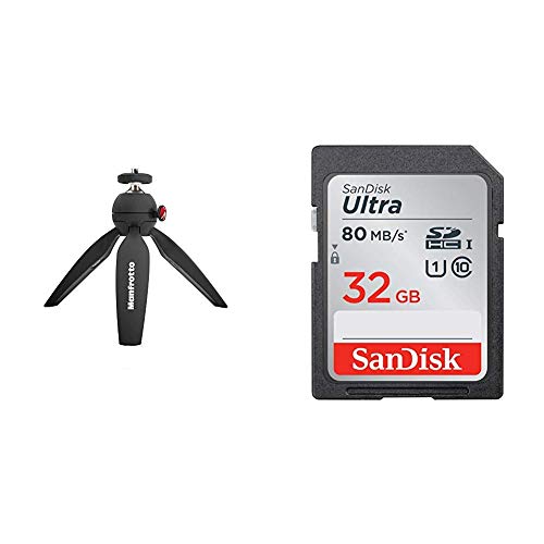 Manfrotto MTPIXI-B Trépied de table pour Appareil Photo Numérique Noir & Carte Mémoire SDHC 32 Go SanDisk Ultra jusqu'à 80 Mo/s, Classe 10 FFP