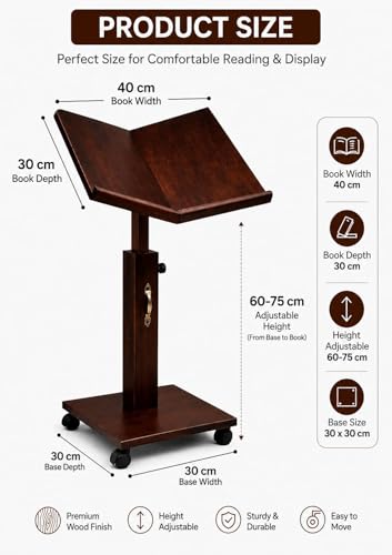 Image of Adjustable Wooden Quran Stand with Wheels | Premium Rehal for Quran Reading | Height Adjustable Book Holder for Namaz, Islamic Study & Prayer