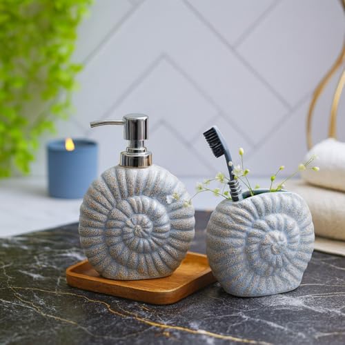Image of Ceramic Bathroom Set of 2 | Soap Dispenser 300ml & Toothbrush Holder | Premium Shaded Grey Shell Design | Luxury Sink, Washbasin & Vanity Accessories | Grey