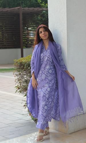 Image of Yashika Women Viscose Rayon Floral Printed Stitched Kurta with Pant and Dupatta | Lavendar Color Kurta Set | Kurta with Pant & Dupatta Set for Woman | Printed Kurta Set