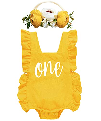 BGFKS Ruffle Sleeve Romper for Baby Girl, Toddler Girls 1st Birthday Bodysuit with Flower Headband.