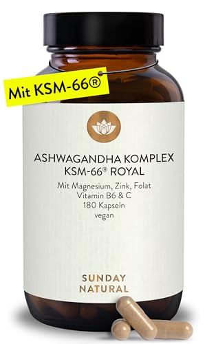 SUNDAY NATURAL Ashwagandha Komplex KSM-66 Premiumrohstoff 600mg Bio Ashwagandha Kapseln je Tagesdosis - 180 Kapseln mit Magnesium Zink & VitaminB6 - Laborgeprüft vegan