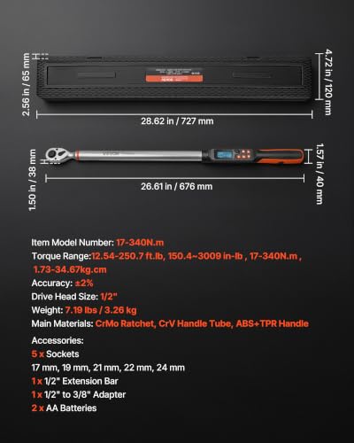 Image of VEVOR Torque Wrench Set 1 /2 inch Drive Digital Torque Wrench 4 Display Units, ±2% Accuracy, LCD Screen, with Buzzer and LED Indicator, with Sockets, Extension Bar, Adapter, for Automotive Repair