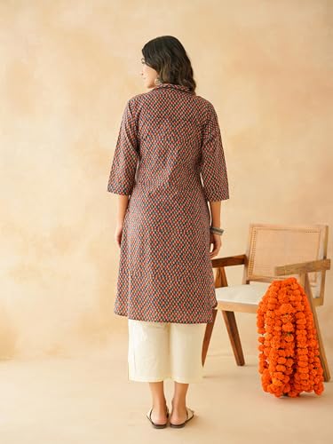 Image of GOODHAND Women Cotton Block Printed Kurta, Straight Fit Ethnic Kurti for Daily,Office & Casual Use