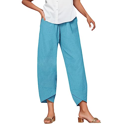 Generic Linen Pants Women jeans Linen Pants Women Palazzo Lounge Pants Cropped Comfy Baggy Trousers with Pockets Wide Leg Bottom Sweatpants Trendy 2024 Elastic Waist Pajamas Tall Long Vacation