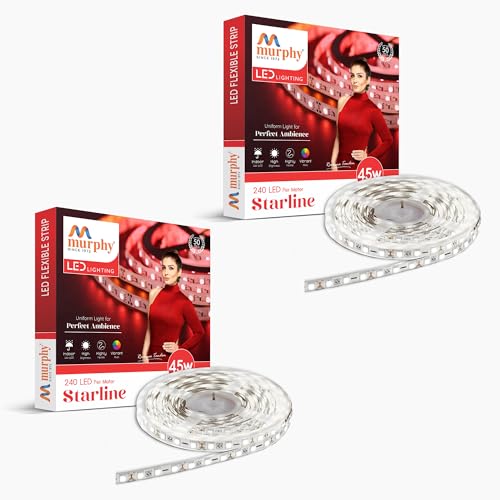 Image of Murphy 45W LED Strip Light 2835 High Lumen 5 Metre (240 LEDs /Mtr) Cool White - 12V DC 10A Driver Included | Cove /False Ceiling /Decor Light (Pack of 2, 1-Year Warranty)