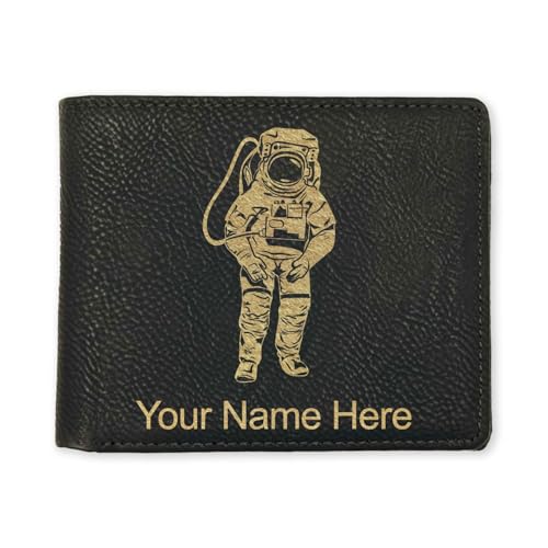 LaserGram Faux Leather Bi-Fold Wallet, Astronaut, Personalized Engraving Included (Black with Gold)