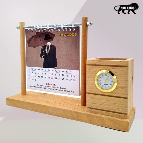 Image of Wooden Pen Stand with Calendar 2025 For office, home, desk